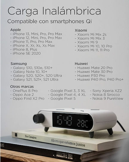Ksix Retro Tabletop Digital Metal Clock With Alarm Clock & Wireless Charging White BXCQI15B