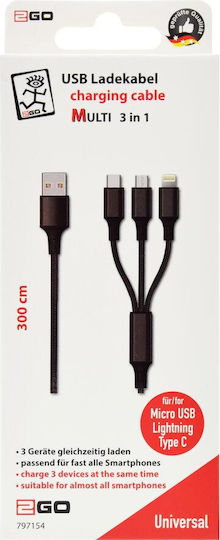 2GO Regular USB to Lightning / Type-C / micro USB Cable Μαύρο 3m (797154)