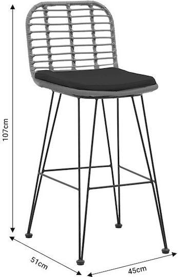Gartenhocker Bar Außenbereich Rattan Naoki mit Kissen Schwarz 45x51x107cm