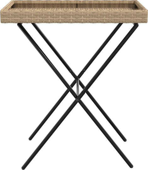 Auxiliary Outdoor Foldable Table with Rattan Surface and Metal Frame Natural 65x40x75cm