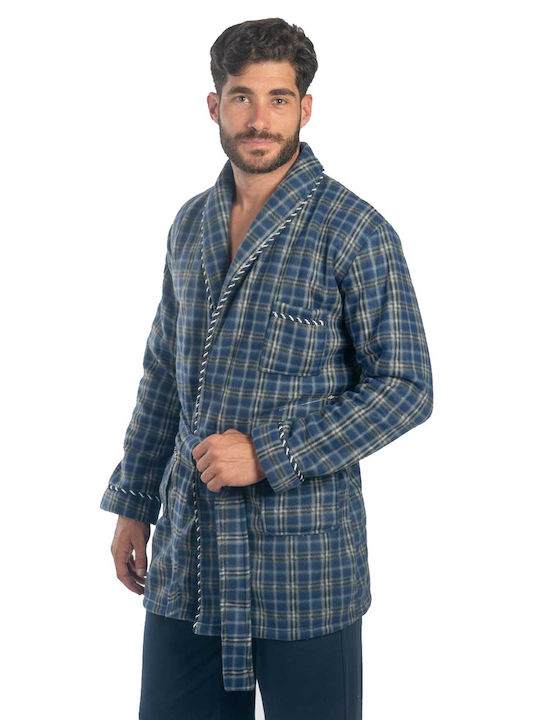 Men's Winter Fleece Checked Pajama Robe BLUE