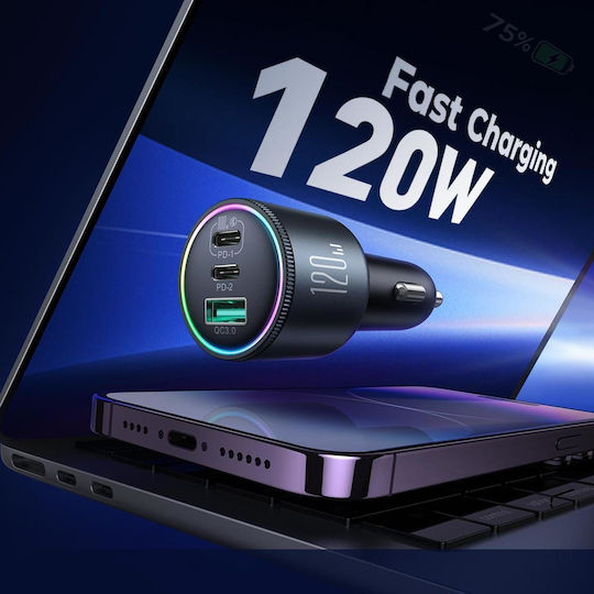 Joyroom JR-CCN07 Φορτιστής Αυτοκινήτου 120W 5A Γρήγορης Φόρτισης με Θύρες: 1xUSB-A 2xType-C Γκρι Χρώμα