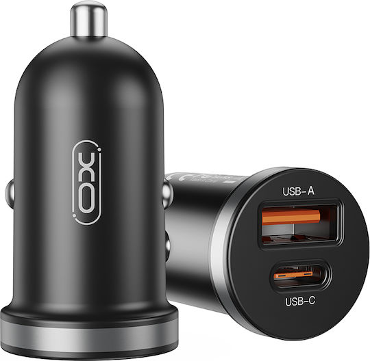XO Car Charger 30W Fast Charging with Ports: 1xUSB 1xType-C Black Color