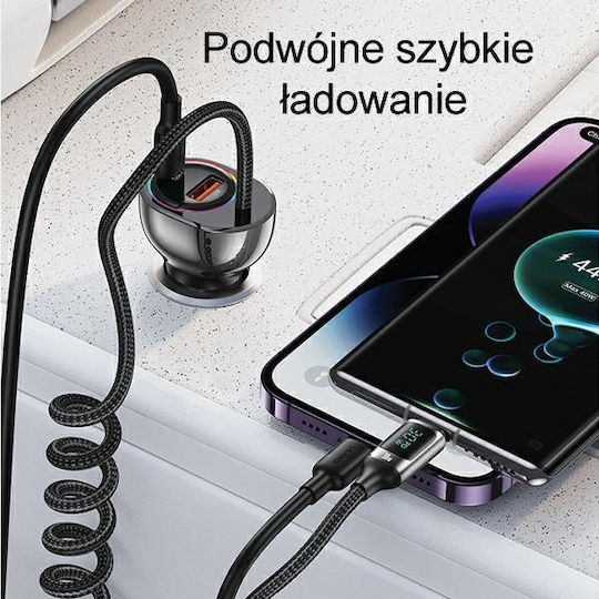 Usams Auto-Ladegerät 60W Schnellladung mit Anschlüssen: 1xUSB 1xType-C mit Kabel Typ-C,TC-TC Schwarz Farbe
