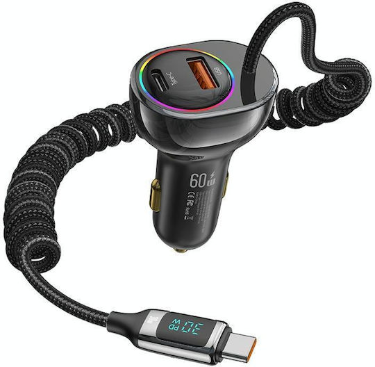 Usams Auto-Ladegerät 60W Schnellladung mit Anschlüssen: 1xUSB 1xType-C mit Kabel Typ-C,TC-TC Schwarz Farbe