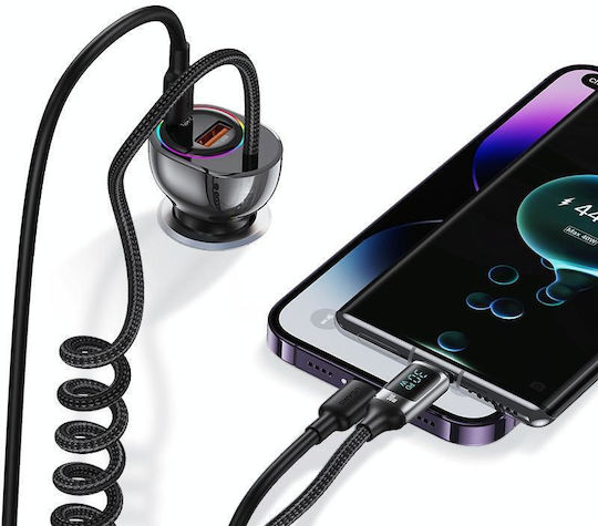 Usams Auto-Ladegerät 60W Schnellladung mit Anschlüssen: 1xUSB 1xType-C mit Kabel Typ-C,TC-TC Schwarz Farbe