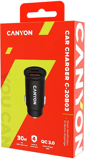 Canyon Canyon Auto-Ladegerät 18W mit Anschlüssen: 1xUSB 1xType-C Schwarz Farbe