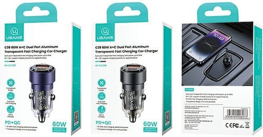 Usams Auto-Ladegerät 60W 2.22A mit Anschlüssen: 1xUSB 1xType-C Schwarz Farbe