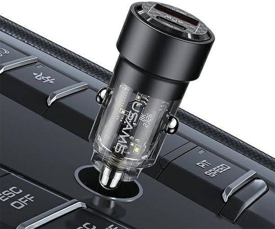 Usams Auto-Ladegerät 60W 2.22A mit Anschlüssen: 1xUSB 1xType-C Schwarz Farbe