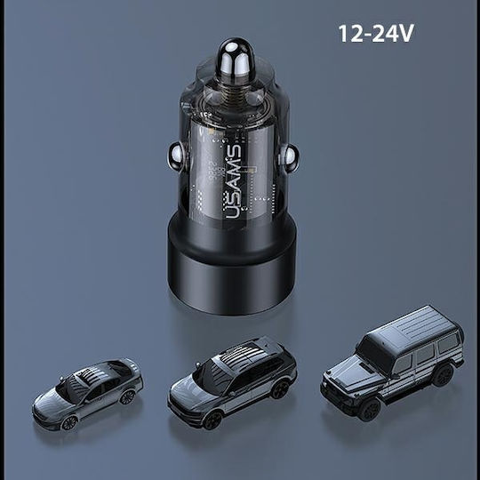 Usams Auto-Ladegerät 60W 2.22A mit Anschlüssen: 1xUSB 1xType-C Schwarz Farbe