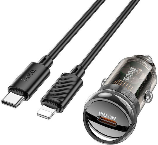 Hoco Z53 Autoladegerät 30W 3A Schnellladen mit einer Buchse 1xType-C zusammen mit Lightning Kabel Schwarz Farbe