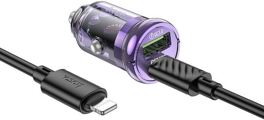 Hoco Car Charger Purple Fast Charging with a Port USB with Cable Lightning