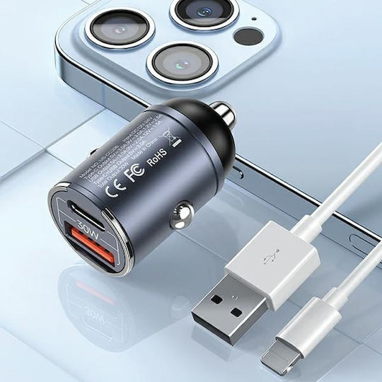 Usams Зарядно за кола 30W Бързо Зареждане с един Порт: 1xUSB Сив Цвят