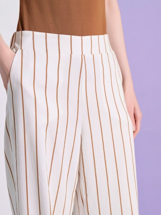 Pantaloni Dama Largi High Rise Cu Cauciuc În Fit Regular Model Cu Dungi Ecru