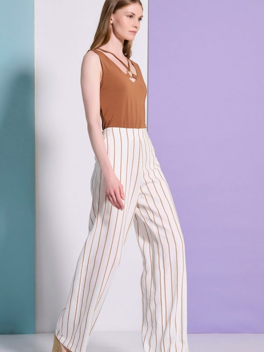 Pantaloni Dama Largi High Rise Cu Cauciuc În Fit Regular Model Cu Dungi Ecru