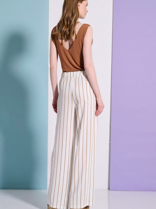 Pantaloni Dama Largi High Rise Cu Cauciuc În Fit Regular Model Cu Dungi Ecru