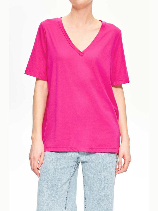 Lumina Feminin Oversized Tricou cu Decolteu în V Fuchsia