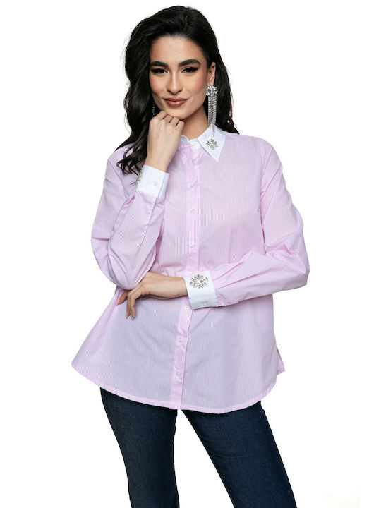 RichgirlBoudoir Women's Silky Striped Long Sleeve Shirt Pink