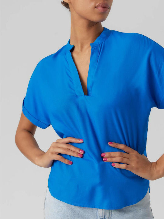 Women's Blouse Short Sleeve with V Neckline Blue