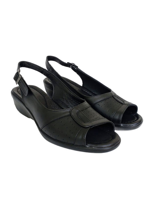 Manlisa Leder Damen Flache Sandalen Anatomisch in Schwarz Farbe