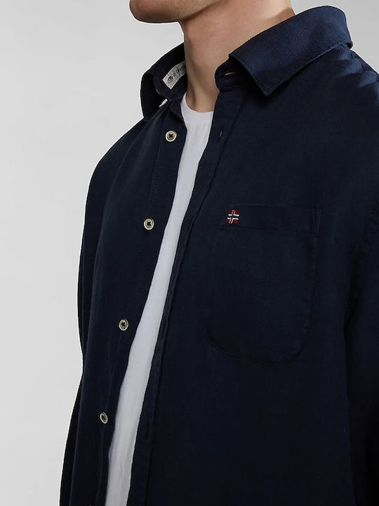 Glinen Langärmlig Leinen Hemd Darkblue
