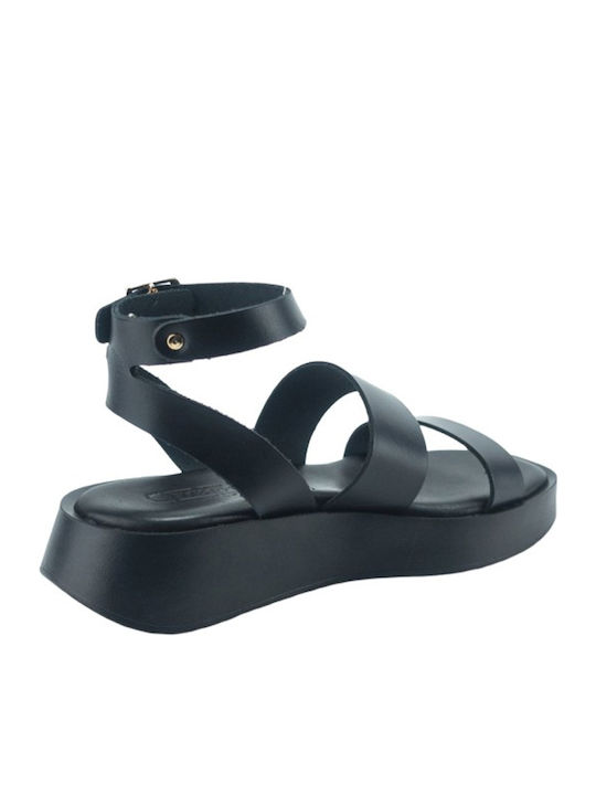 Leather Women's Flat Sandals in Black Color