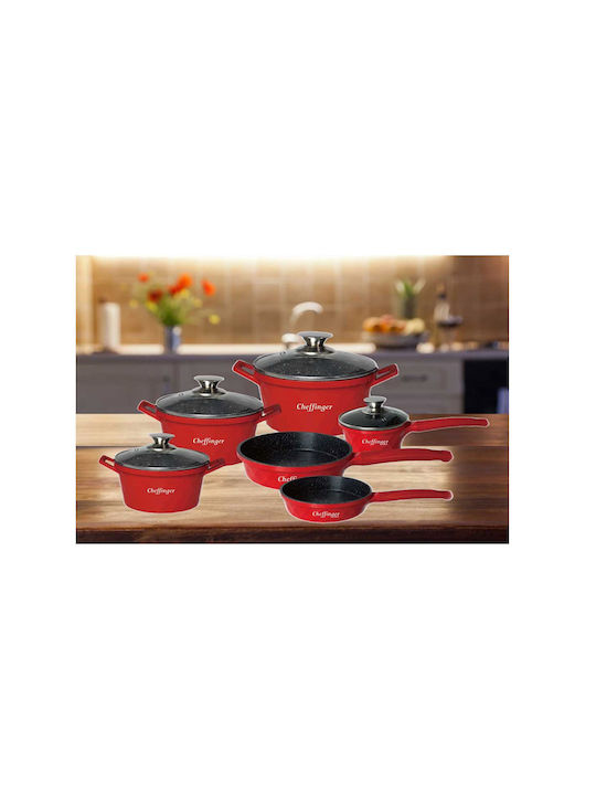 Cheffinger Cookware Set of Aluminum with Stone Coating Red 10pcs