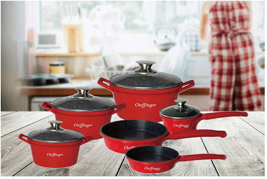 Cheffinger Cheffinger Cookware Set Made of Aluminum Red with Stone Interior Coating 6 Pieces