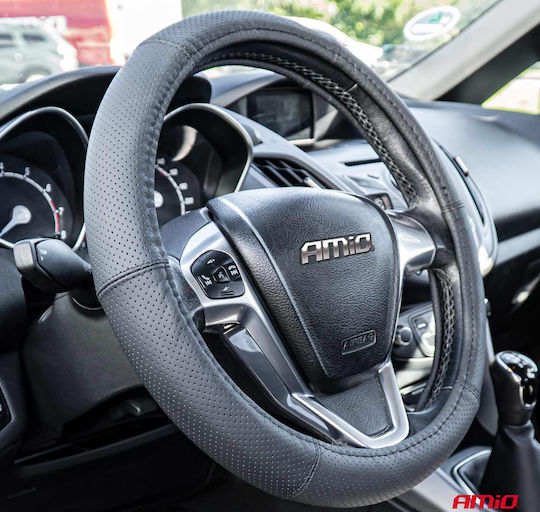 AMiO Husă Volan Auto cu Diametru 39-41cm din Piele ecologică Negru cu Cusătură Neagră