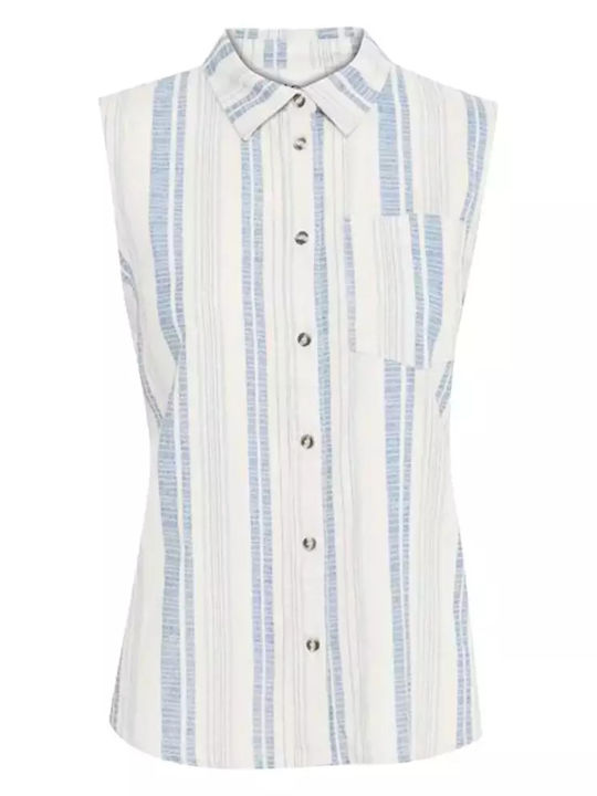 ICHI Women's Summer Blouse Linen Striped Blue