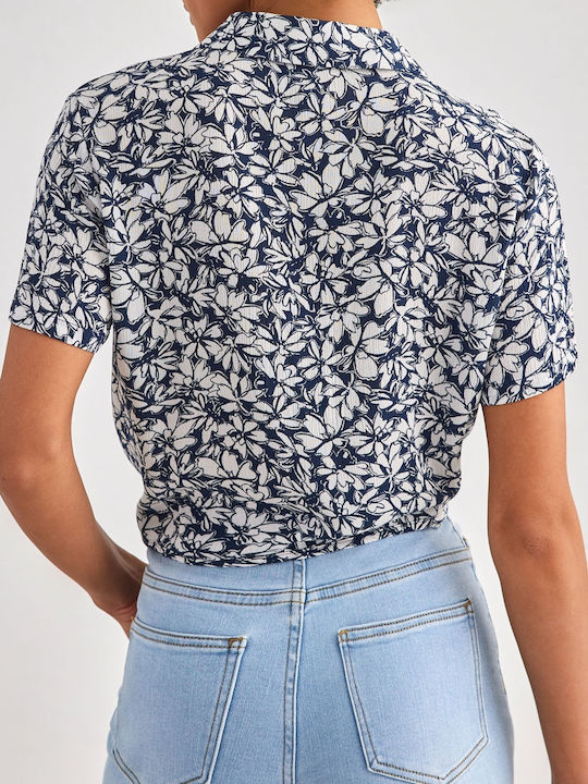 Vero Moda Kurzärmelig Damen Hemd Dark Blue Blumen