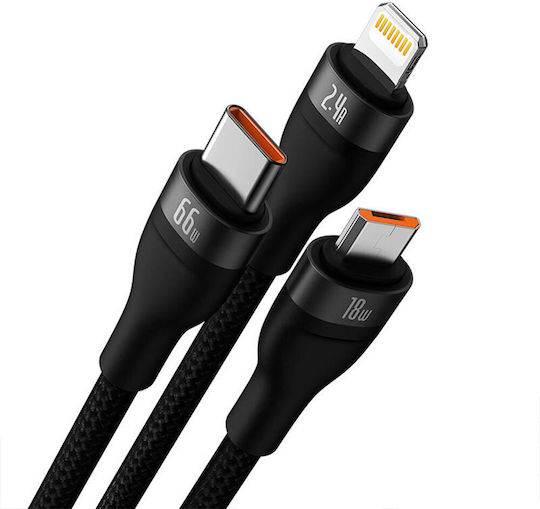 Baseus Flash 3in1 Regular USB to micro USB / Lightning / Type-C Cable Μαύρο 1.2m (BG-40492)