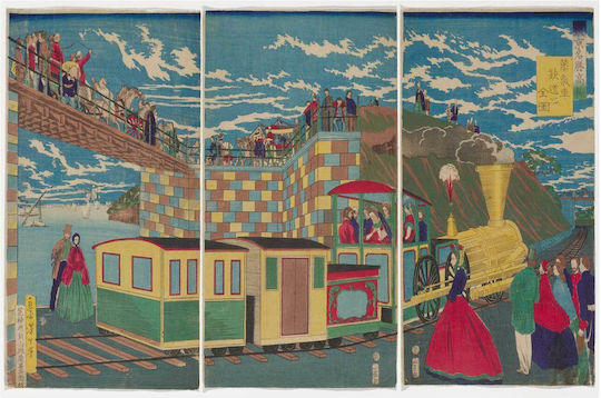 Famous Places In Tokyo, Takanawa: Picture Of Complete Picture Of A Steam Locomotive And Railroad (1871) By Tsukioka Yoshitoshi Painting on Canvas 50x80cm