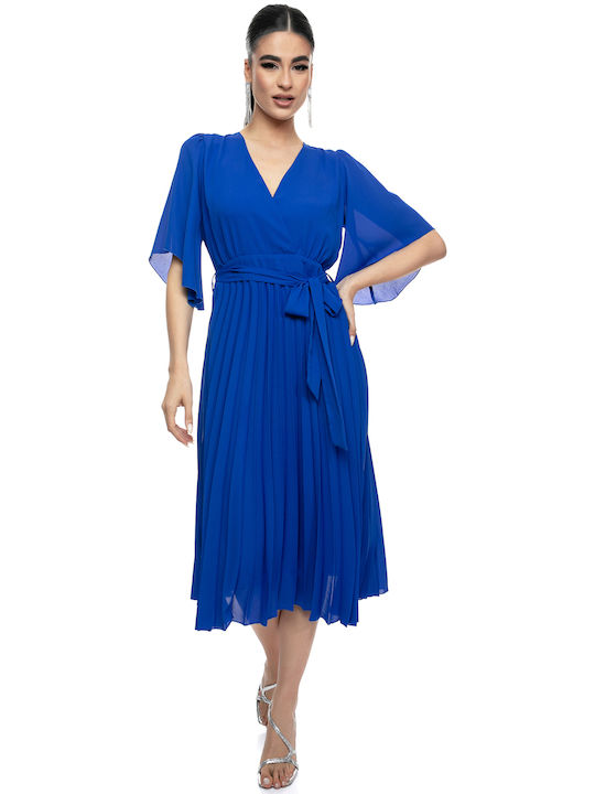 Sophisticated Blue Dress Croisette Pleated Pleated Minty Skirt Elegant Belt
