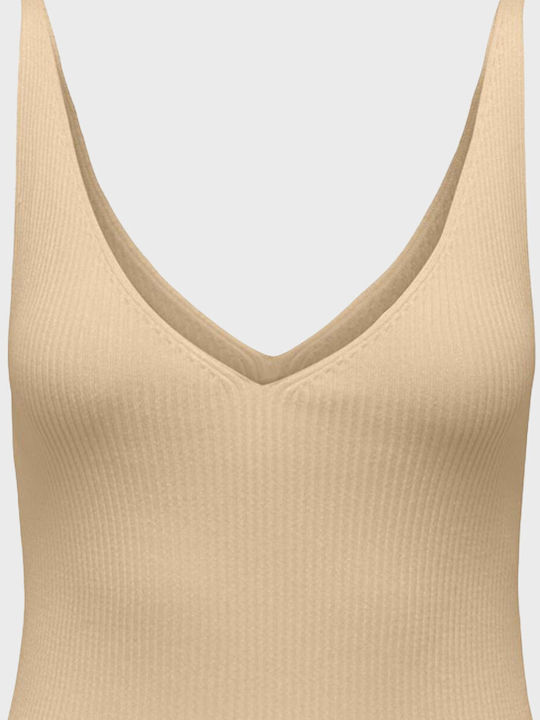 Only Damen Bluse Ärmellos mit V-Ausschnitt Beige