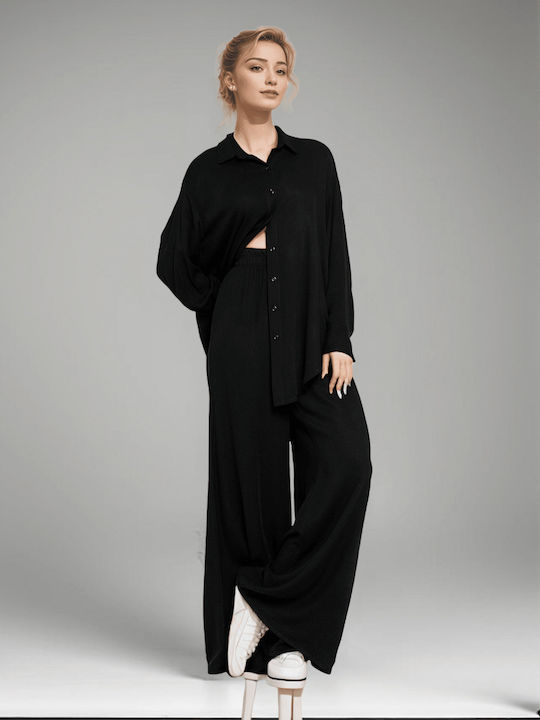 Set Shirt Long Sleeve Oversized Shirt Set Elastic Waist Pants Black 15-022