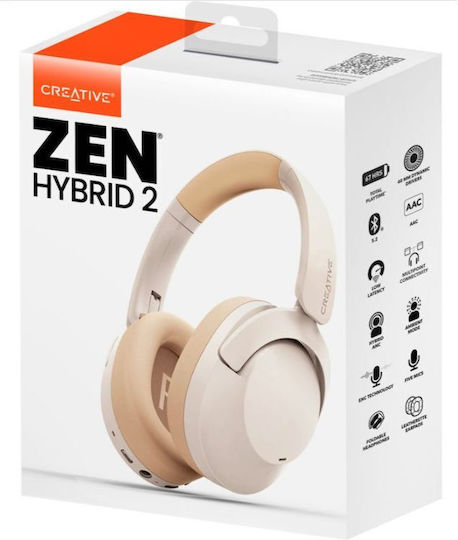 Creative Zen Hybrid 2 Wireless / Wired Over Ear Headphones with 67 hours of Operation and Quick Charge Cream
