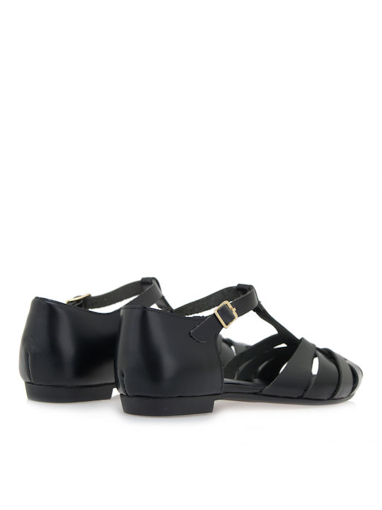 Leather Women's Flat Sandals in Black Color