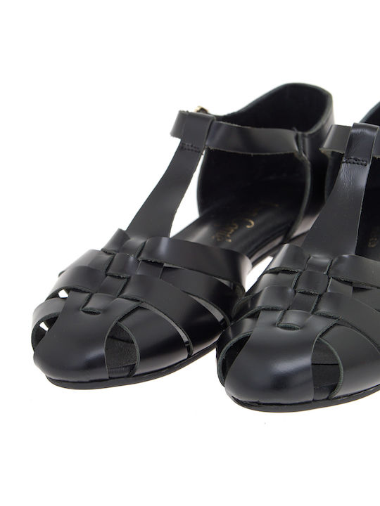 Leather Women's Flat Sandals in Black Color