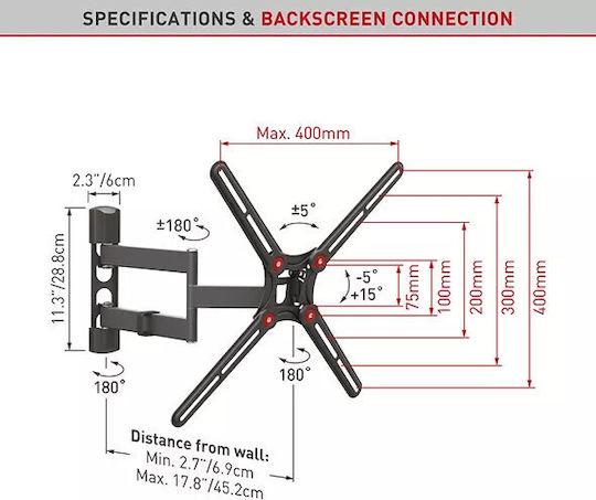 Barkan BM343 Βάση Τηλεόρασης Τοίχου με Βραχίονα έως 65" και 40kg