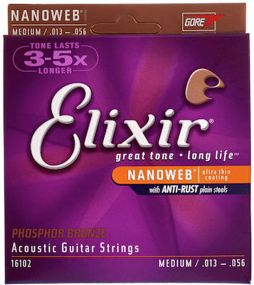 Elixir Set of Phosphor Bronze Strings for Acoustic Guitar Nanoweb Medium Phosphor 13 - 56"