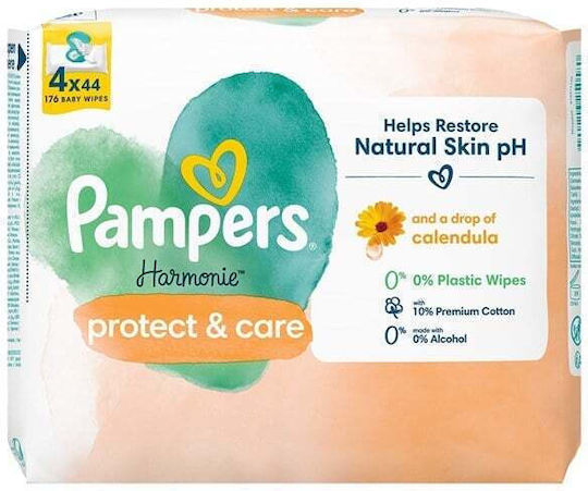 Pampers Harmonie Υποαλλεργικά Μωρομάντηλα χωρίς Οινόπνευμα & Parabens 4x44τμχ
