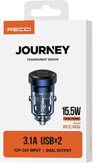 Recci Încărcător Auto 15.5W cu Porturi: 2xUSB Albastru Culoare
