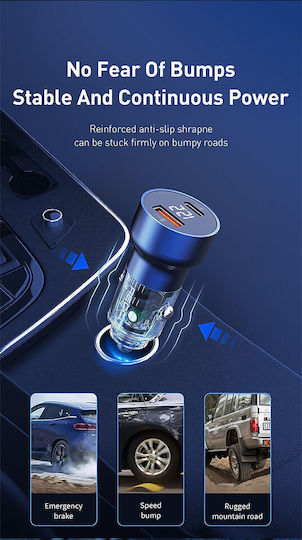 Recci Φορτιστής Αυτοκινήτου 50W Γρήγορης Φόρτισης με Θύρες: 1xUSB 1xType-C και Βολτόμετρο Μπλε