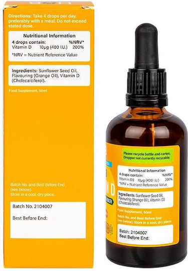 Holland & Barrett Vitamin D Βιταμίνη για Ενίσχυση του Ανοσοποιητικού & την Υγεία των Οστών 400iu Πορτοκάλι 60ml