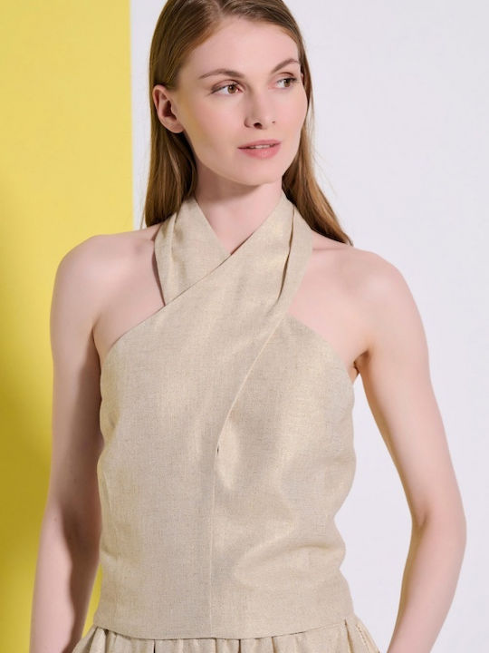 Matis Fashion Top de Damă de Vară Crop din In fără Mâneci cu Fermoar Bej