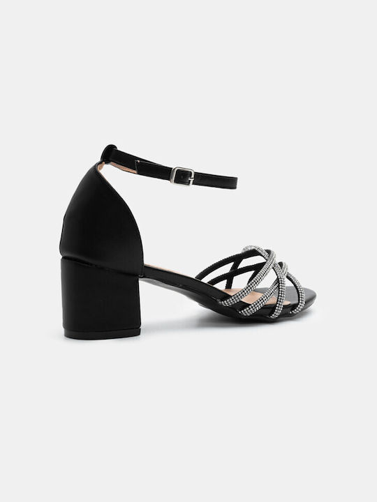 Luigi Synthetic Leather Women's Sandals with Strass & Ankle Strap Black with Medium Heel