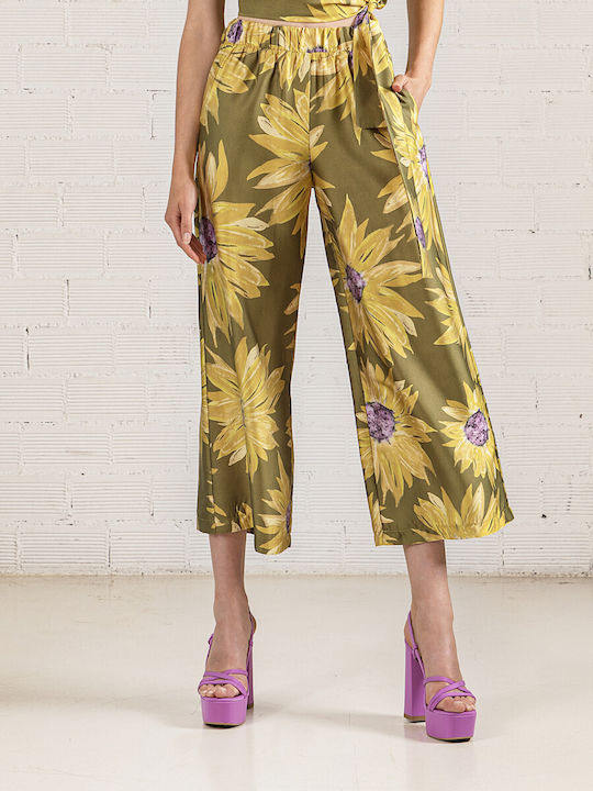 Moutaki Women's High-waisted Fabric Trousers with Elastic Floral Yellow