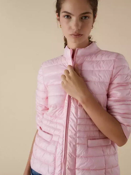 Κοντό Γυναικείο Puffer Μπουφάν για Χειμώνα Pink