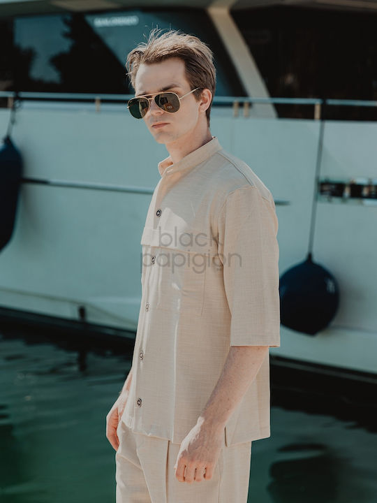 Long Sleeve Overshirt In Wide Line Beige